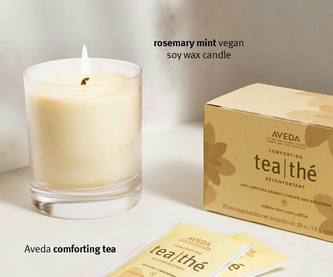 Relax and unwind! Give yourself the perfect night in with Aveda comforting tea and a rosemary mint soy candle
