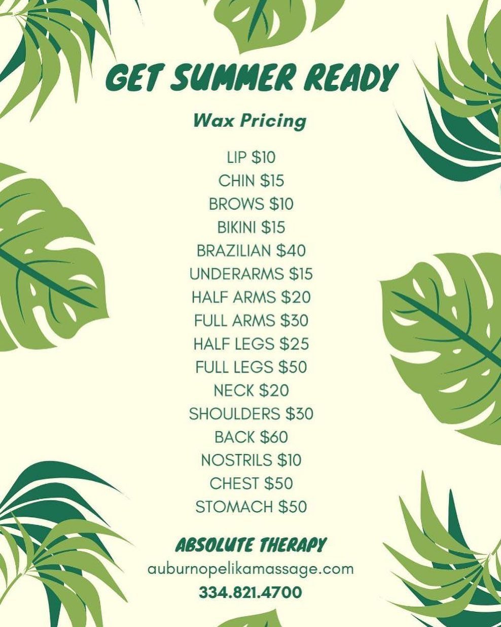 summer wax prices! hannah has a few last minute openings this afternoon if anyone needs an appointment